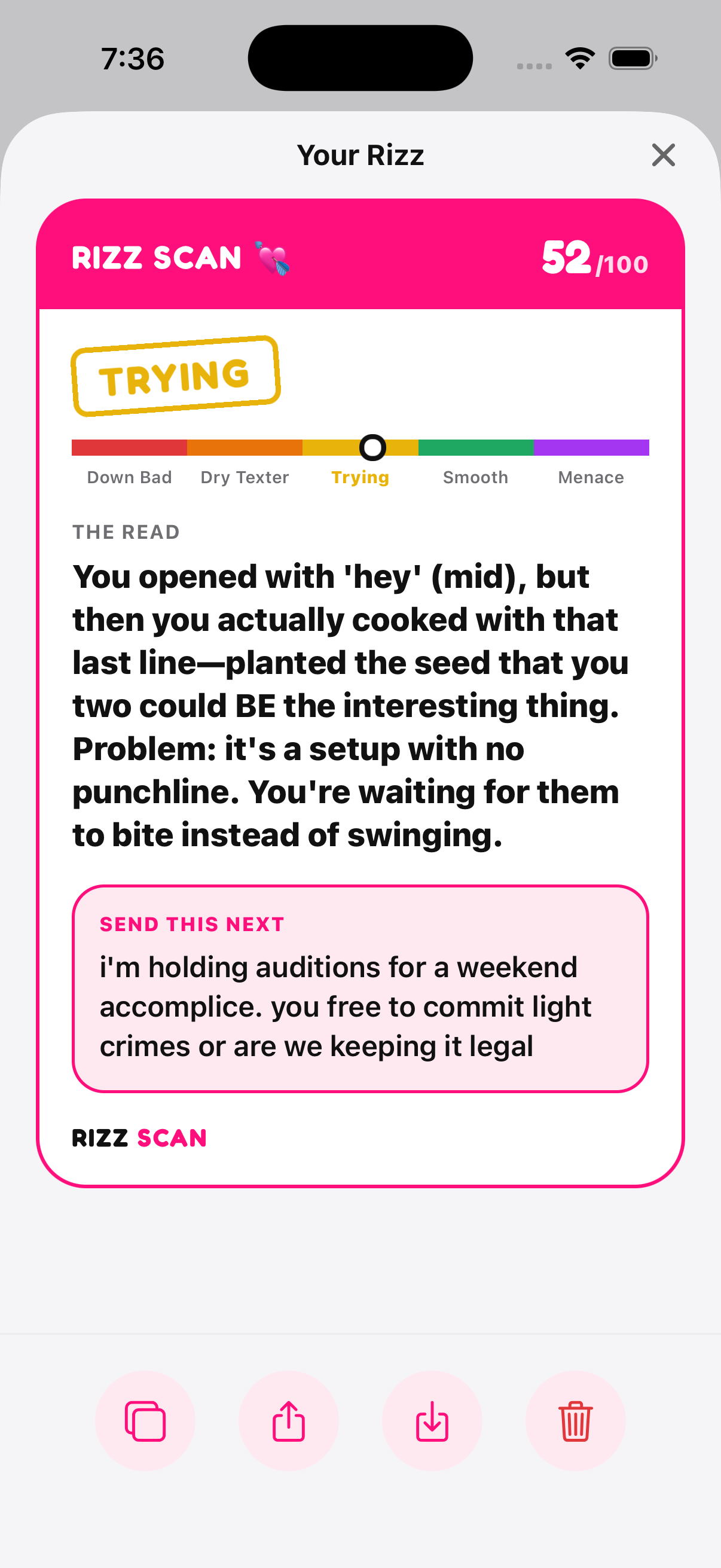 Rizz Scan AI results screen