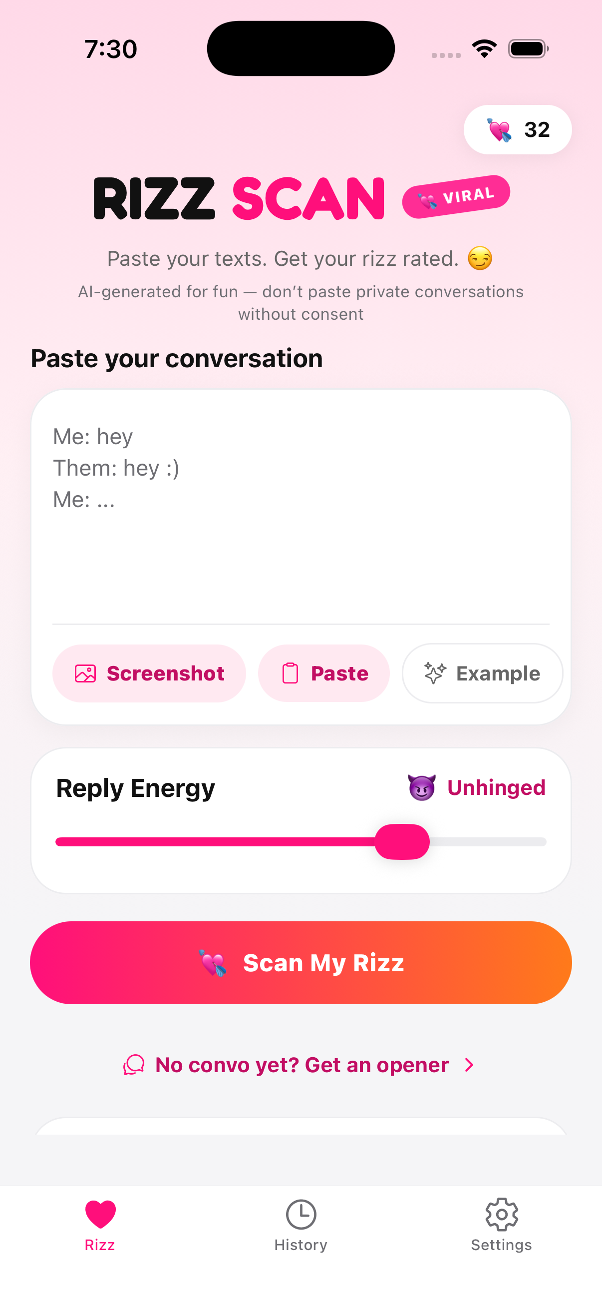 Rizz Scan AI home screen
